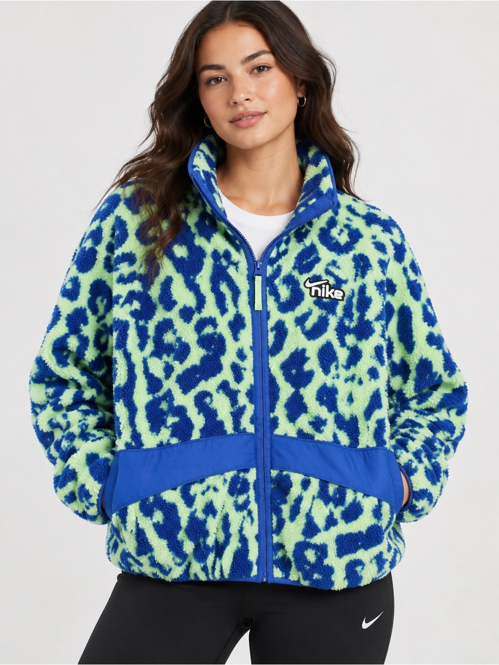 Nike Women’s Sportswear Sherpa Fleece Jacket Animal Print Blue Green S